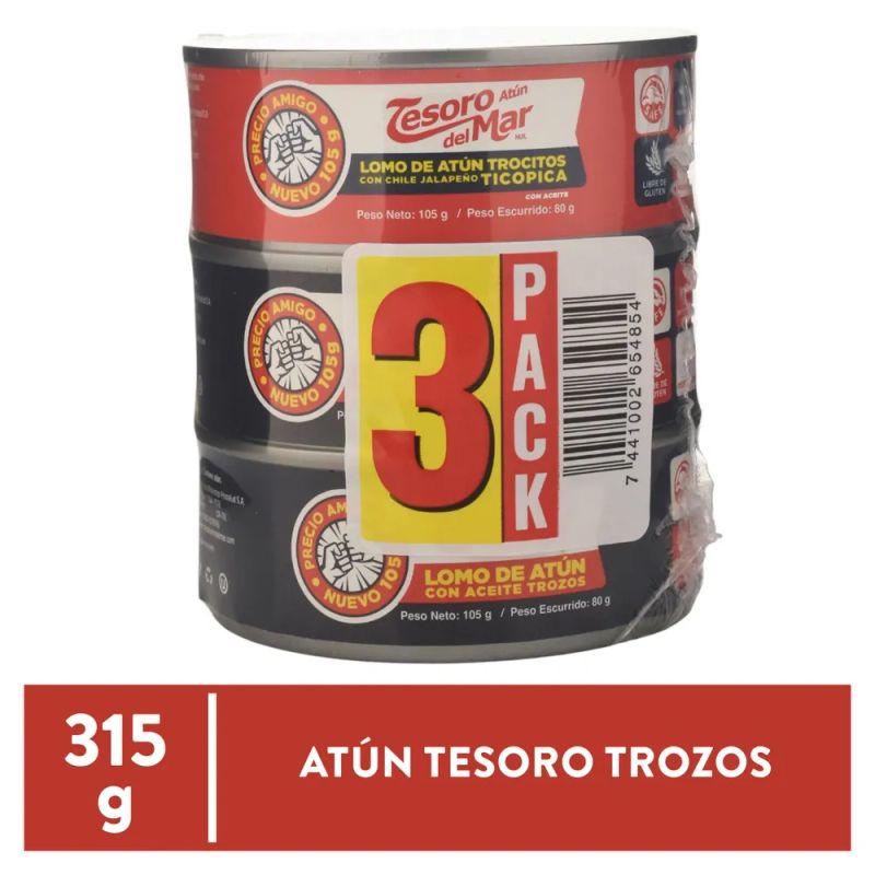 Atún Tesoro del Mar trozos aceite de soya y trocitos aceite jalapeño - 315g