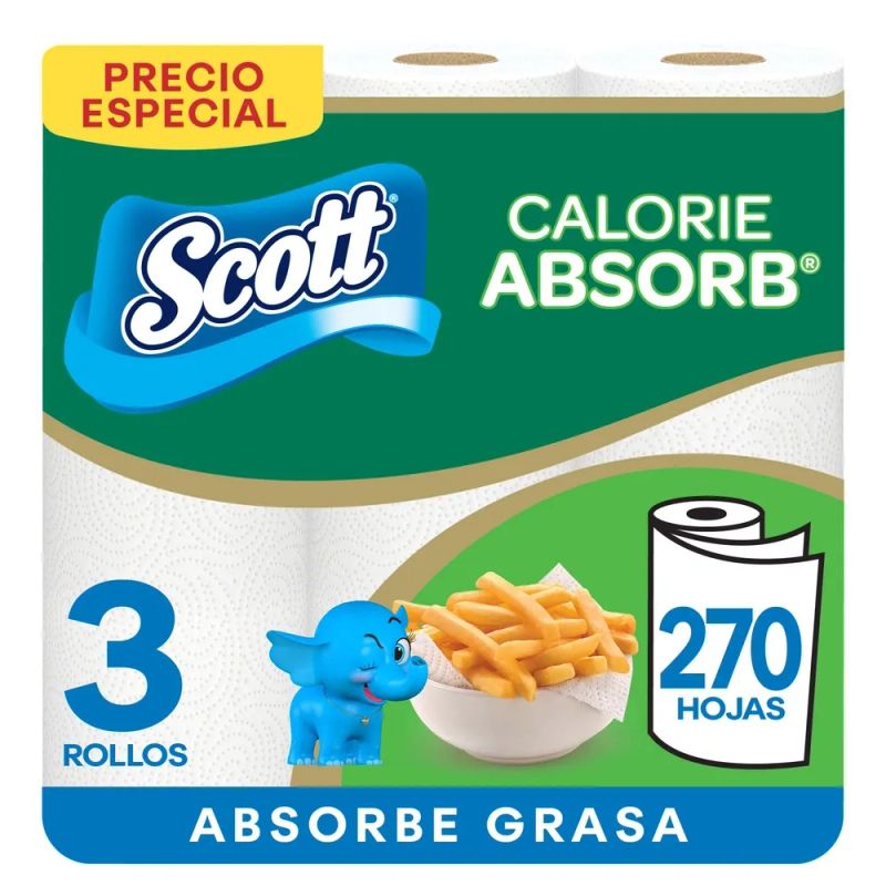 Toalla de Papel Desechable Scott Calorie Absorb 90 Hojas - 3 Rollos