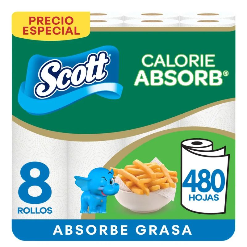 Toalla de Papel Desechable Scott Calorie Absorb 60 Hojas - 8 Rollos