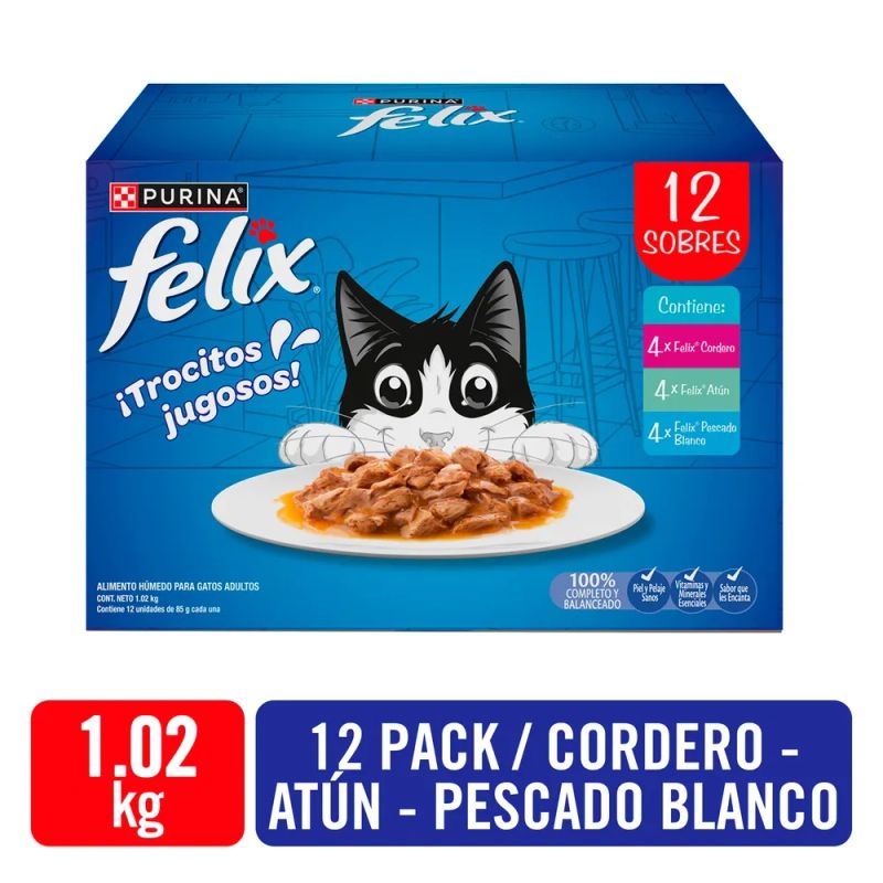 Alimento húmedo para gatos Felix Purina 12 Sobres surtidos - 1.02 kg