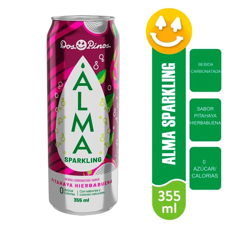 Bebida Carbonatada Dos Pinos Alma Sparkling Sabor Pitahaya Hierbabuena Lata - 355ml