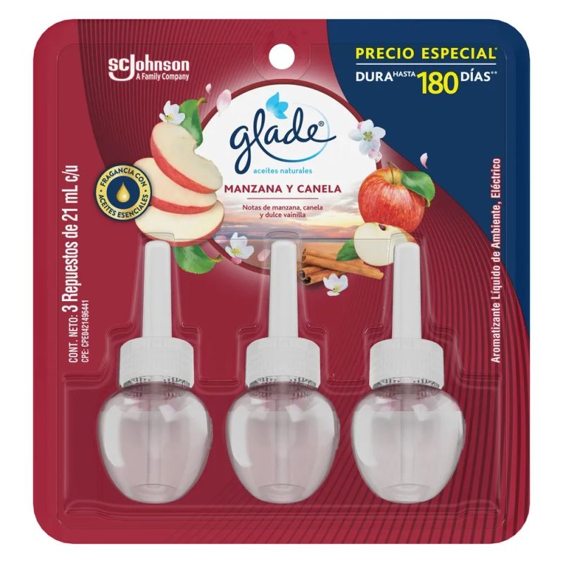 Aromatizante Glade Aceites Naturales Manzana y Canela 3 Repuestos de 21ml c/u
