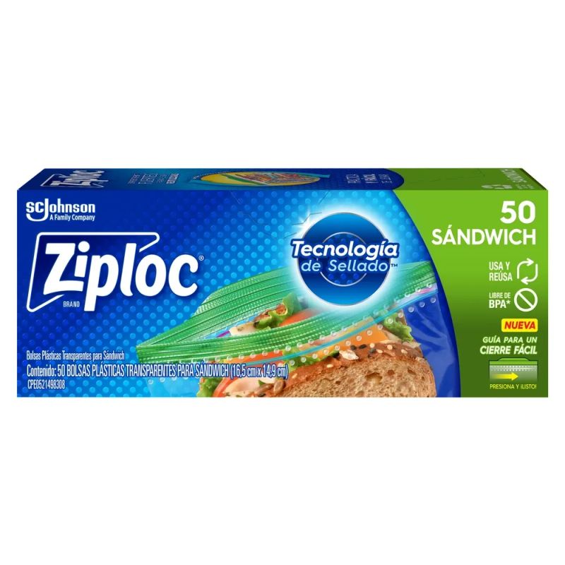 Bolsas Ziploc Reutilizables para Sándwich con Pestañas, 1 Paquete con 50 Bolsas