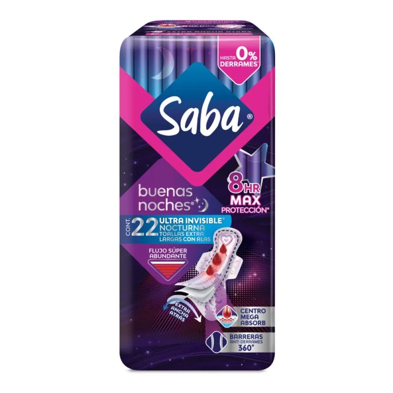 Toallas Femeninas Saba Buenas Noches ultra invisible con alas flujo super abundante - 22 pzas