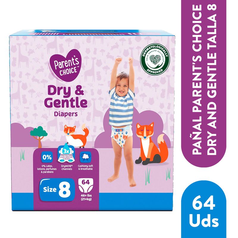 Pañales Parent's Choice Dry and Gentle Talla 8 - 64 Uds