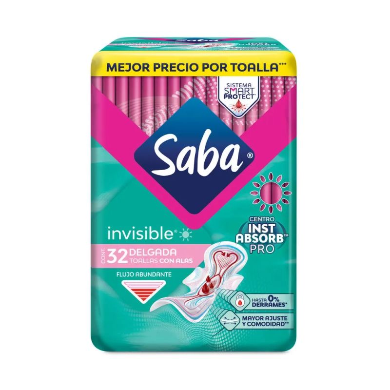 Toallas Femeninas Saba Invisible Día delgada con alas flujo abundante - 32 pzas