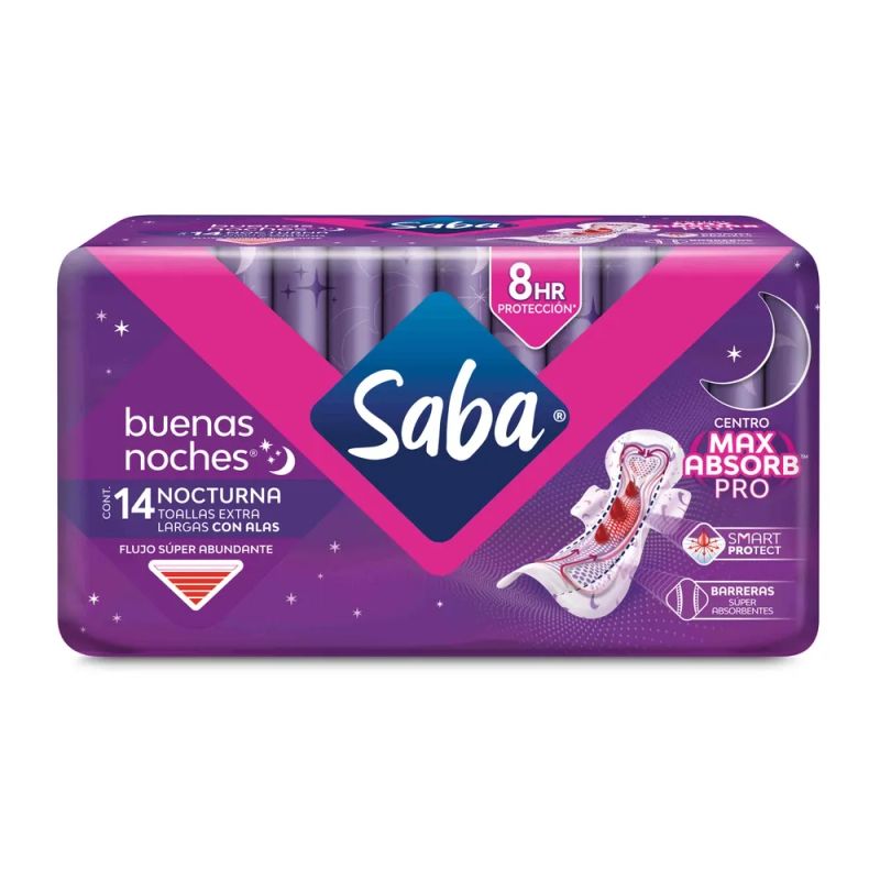 Toallas Femeninas Saba Buenas Noches con alas flujo súper abundante - 14 piezas