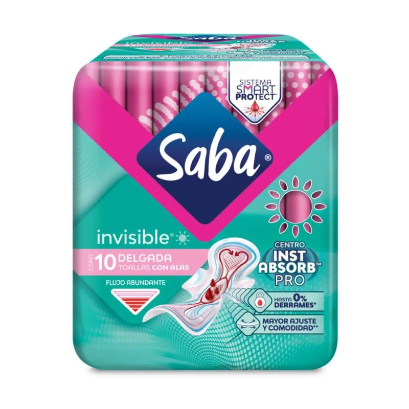 Toallas Femeninas Saba Invisibles Día con alas flujo abundante - 10 piezas​