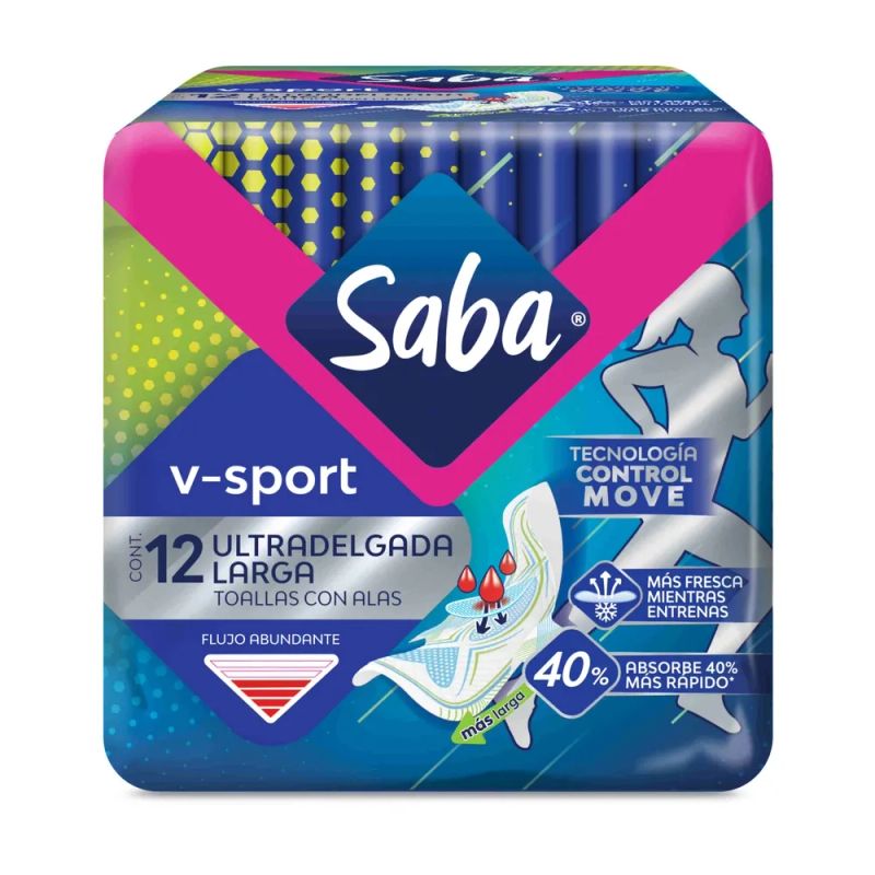 Toallas Femeninas Saba V-Sport Ultradelgada Larga Día con alas Flujo Abundante - 12 piezas
