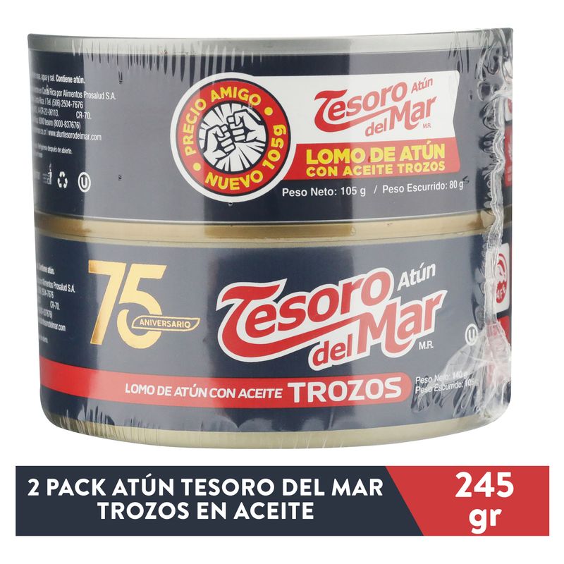 Atún Tesoro del Mar trozos en aceite de soya 140 g y 105 g 2 Pack - 245 g
