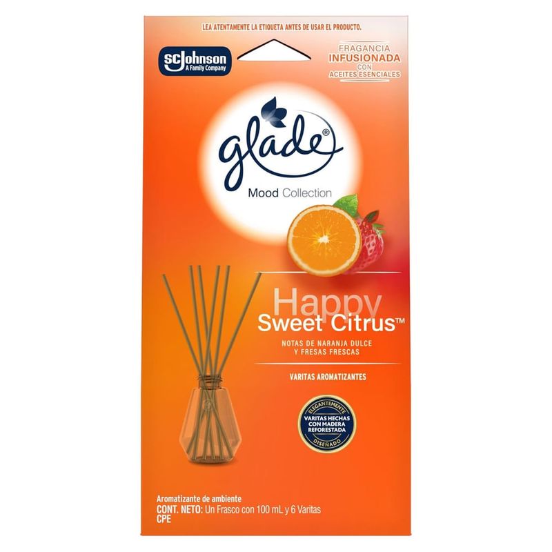 Varitas Aromatizantes Glade Happy Sweet Citrus Frasco con 100 ml y 6 Varitas