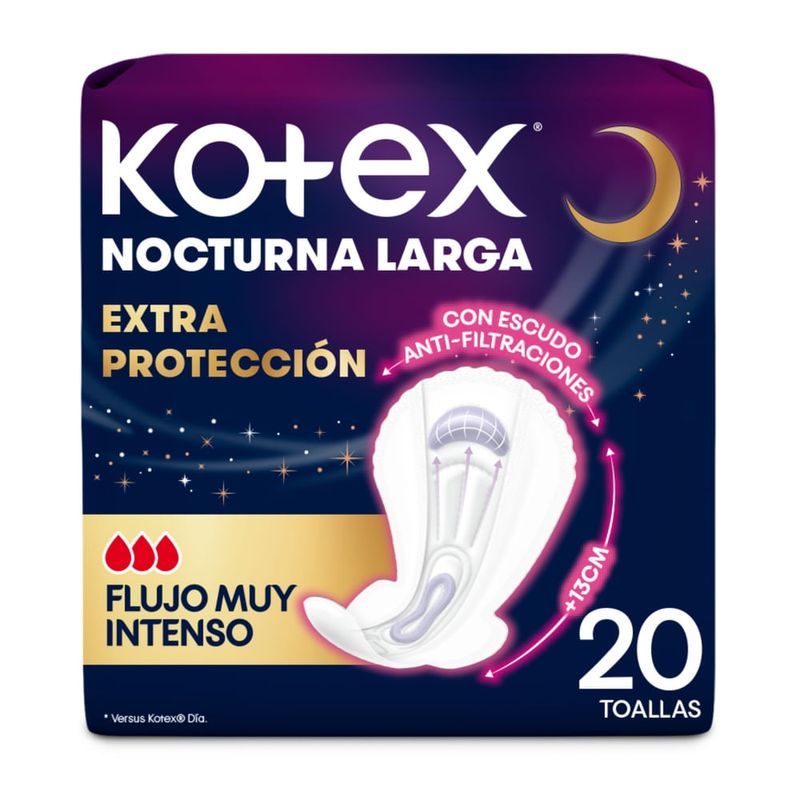 Toallas Femeninas Kotex Nocturna Larga Extra Protección - 20 Unidades
