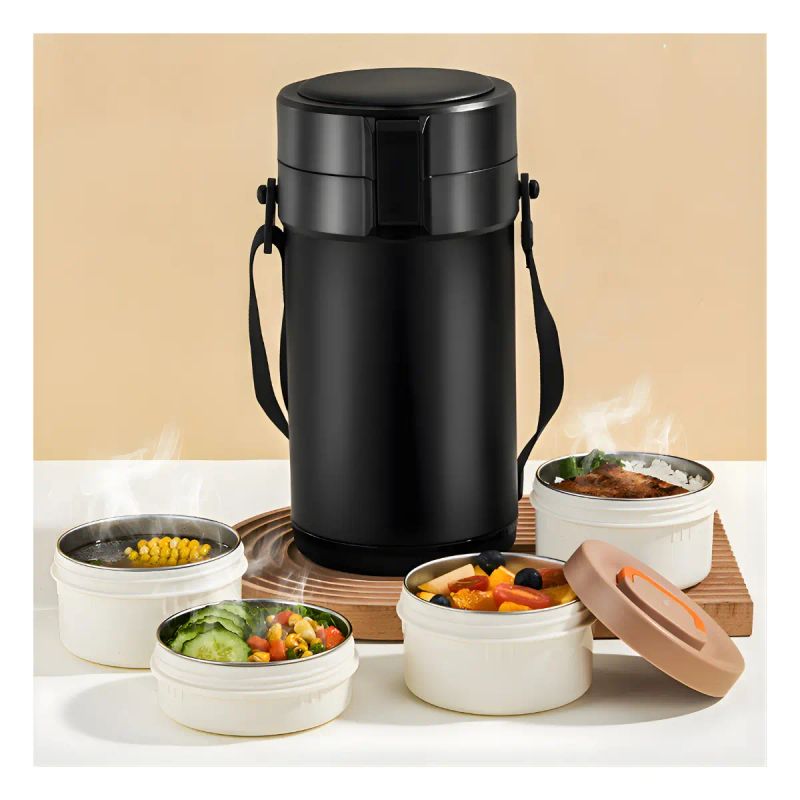 LONCHERA CILINDRICA METAL 4 COMP. 2900ML NEGRA