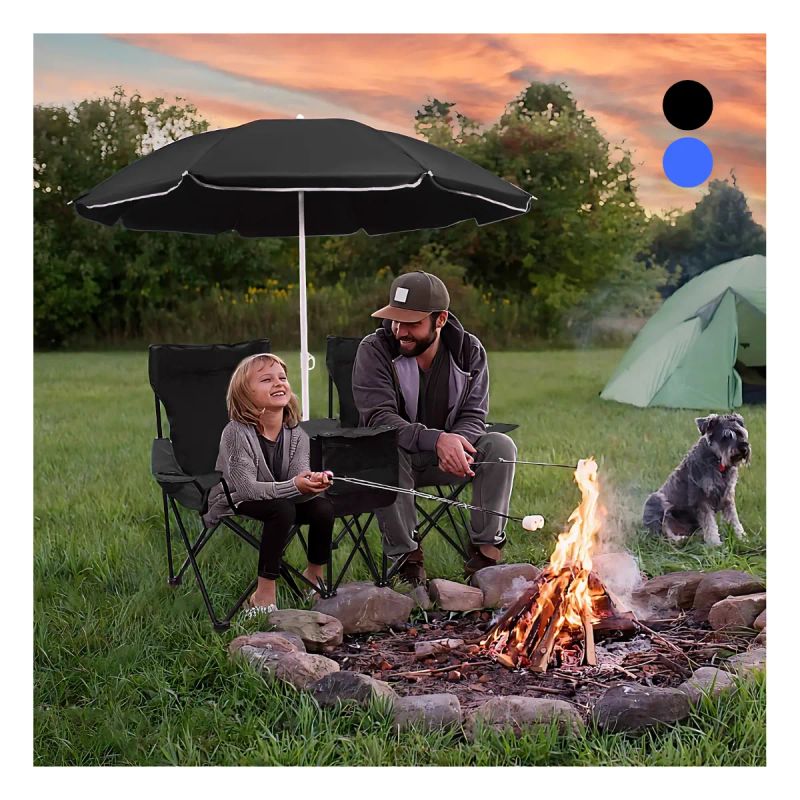 SILLAS DE CAMPING DOBLES PLEGABLES C/SOMBRILLA Y BOLSO NEGRA