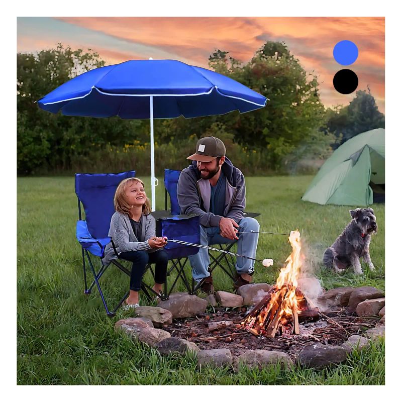 SILLAS DE CAMPING DOBLES PLEGABLES C/SOMBRILLA Y BOLSO AZUL