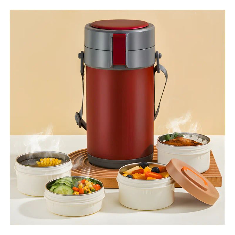 LONCHERA CILINDRICA METAL 4 COMP. 2900ML ROJA