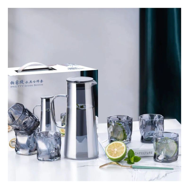 SET DE 6 VASOS Y JARRA DE VIDRIO GRIS PRETTY HOLYWOO