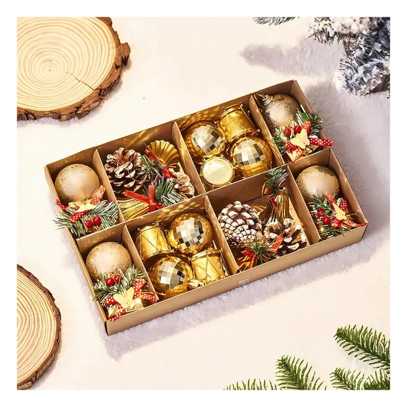 BAMBALINAS DE NAVIDAD SET 24 PZAS BOLAS/PIÑOTE/CAMPANAS DORADAS