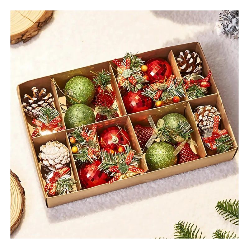 BAMBALINAS DE NAVIDAD SET 24 PZAS BOLAS/PIÑOTE/CAMPANAS ROJAS/VERDE
