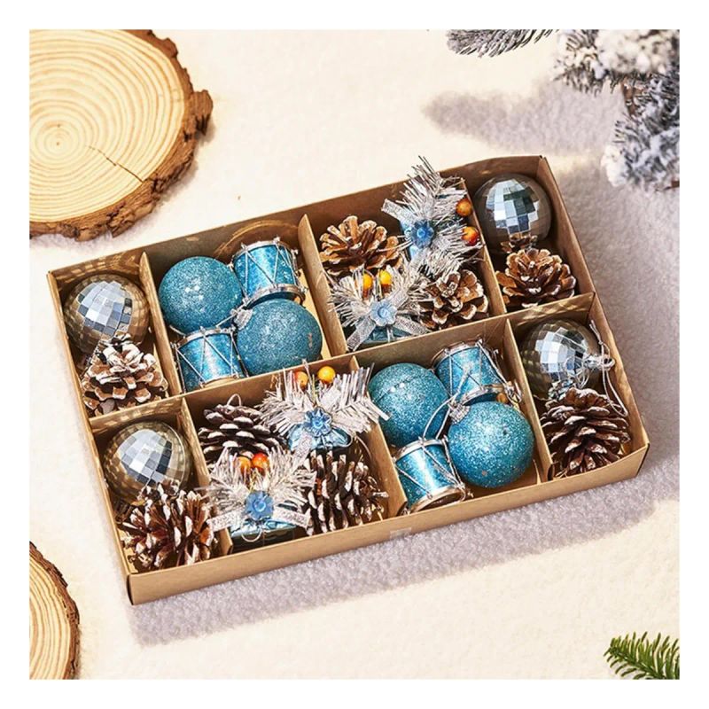 BAMBALINAS DE NAVIDAD SET 24 PZAS BOLAS/PIÑOTE/REGALOS CELESTE