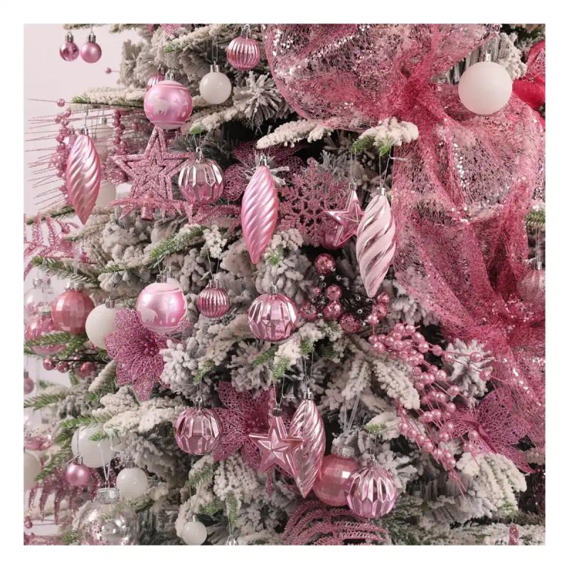 BAMBALINAS DE NAVIDAD SET 100 PZAS BOLAS/LAGRIMAS/ESTRELLA ROSADO