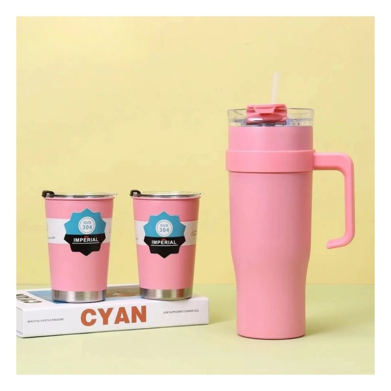 BOTELLA METALICA 1.2L + 2 VASOS ROSADO