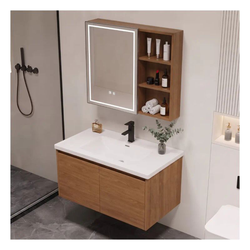 MUEBLE C/LAVAMANOS Y ESPEJO ANTI EMPAÑANTE 70X47X50 CM MADERA OSCURA